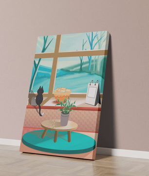 Cozy interior with a cat by the window and potted plants