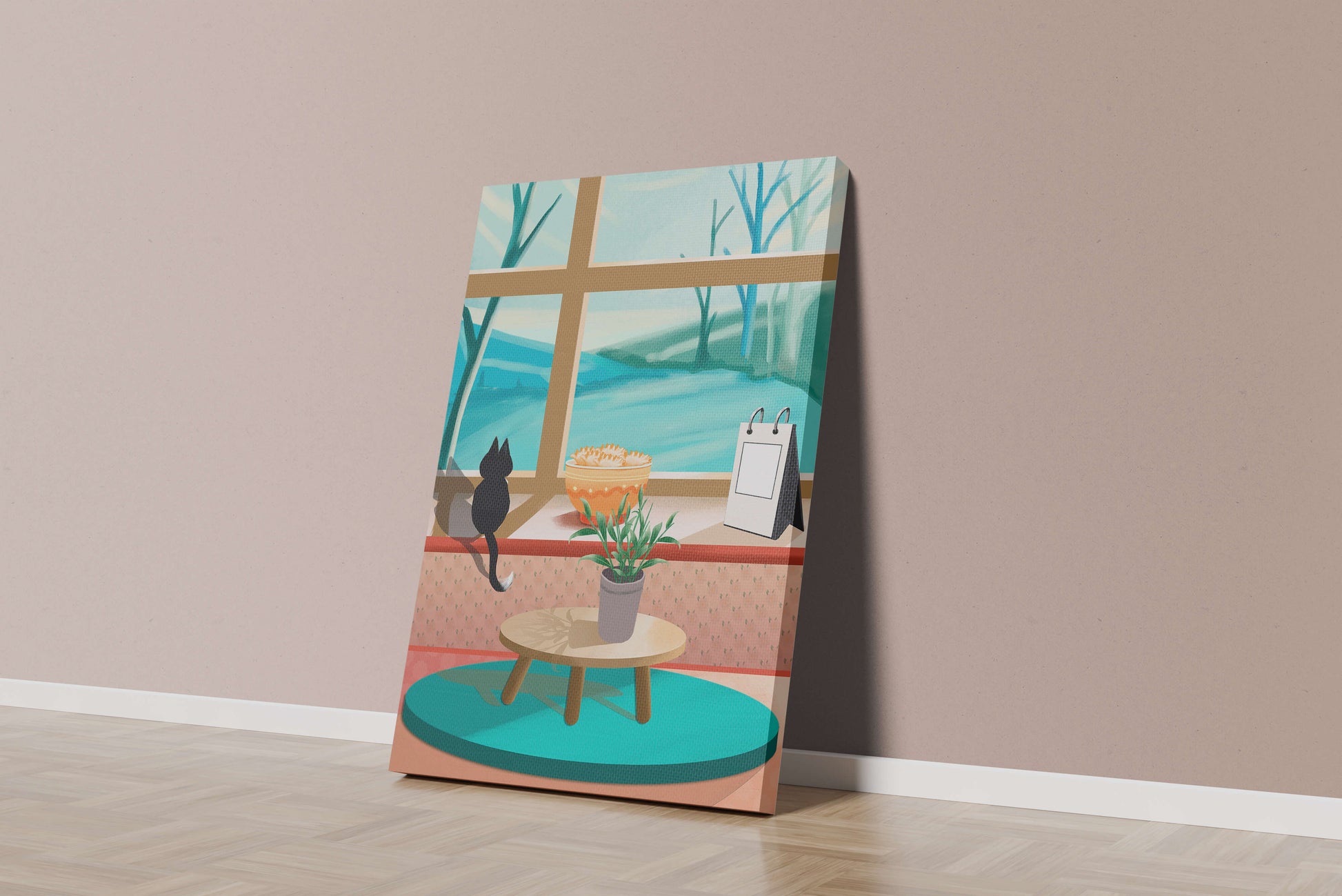 Cozy interior with a cat by the window and potted plants