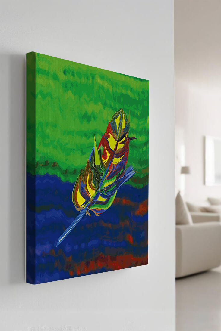 Abstract colorful feather on vibrant background