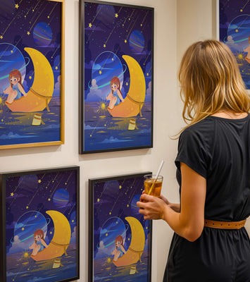 Whimsical child sitting on a crescent moon amidst a starlit cosmic scene