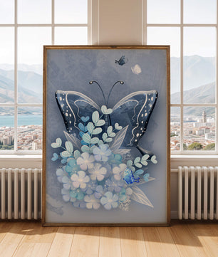 Elegant butterfly with blue floral arrangement artwork