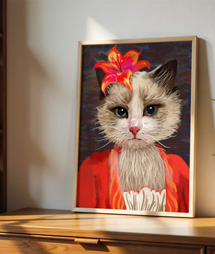 Retrato de gato con acentos de flores vibrantes y atuendo colorido
