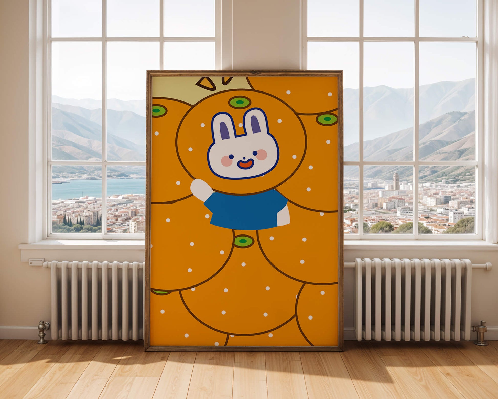 Whimsical illustration of a bunny surrounded by oranges