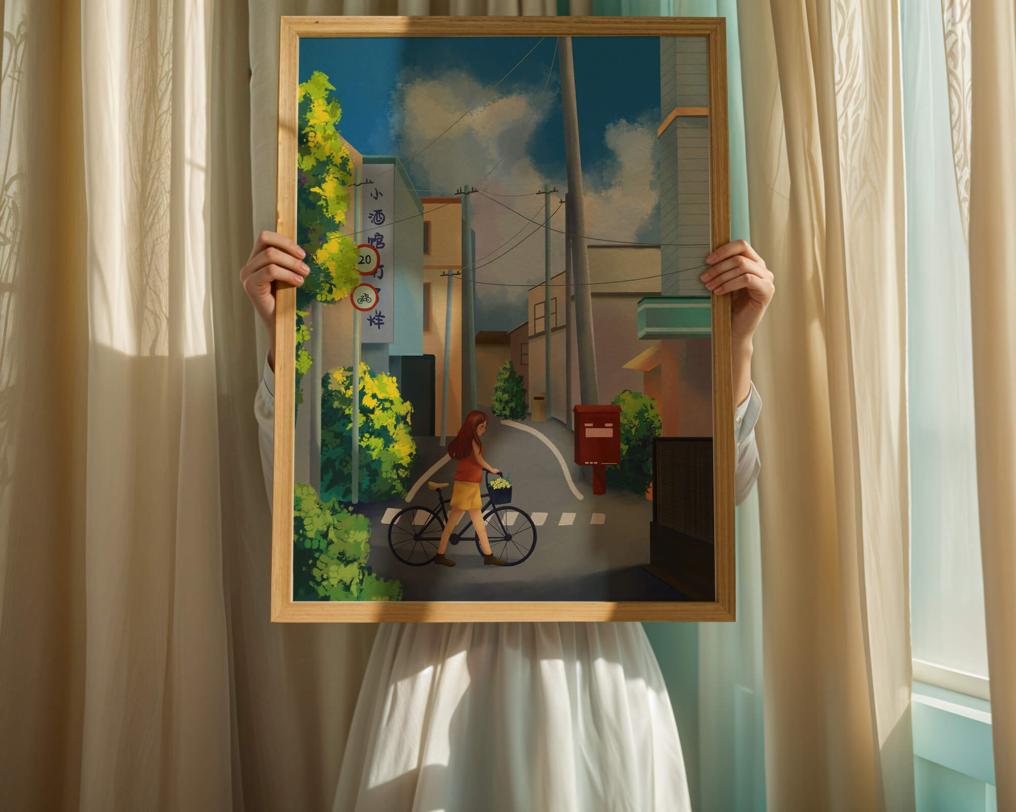 Young woman with bicycle in a quiet urban street