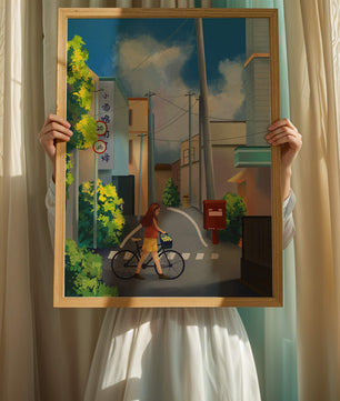 Young woman with bicycle in a quiet urban street