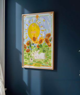 Ilustración encantadora de Aries con animales juguetones y girasoles