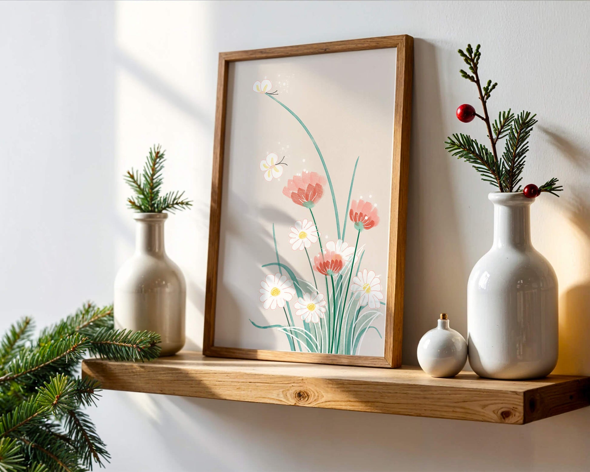Delicate floral illustration with butterflies and wildflowers