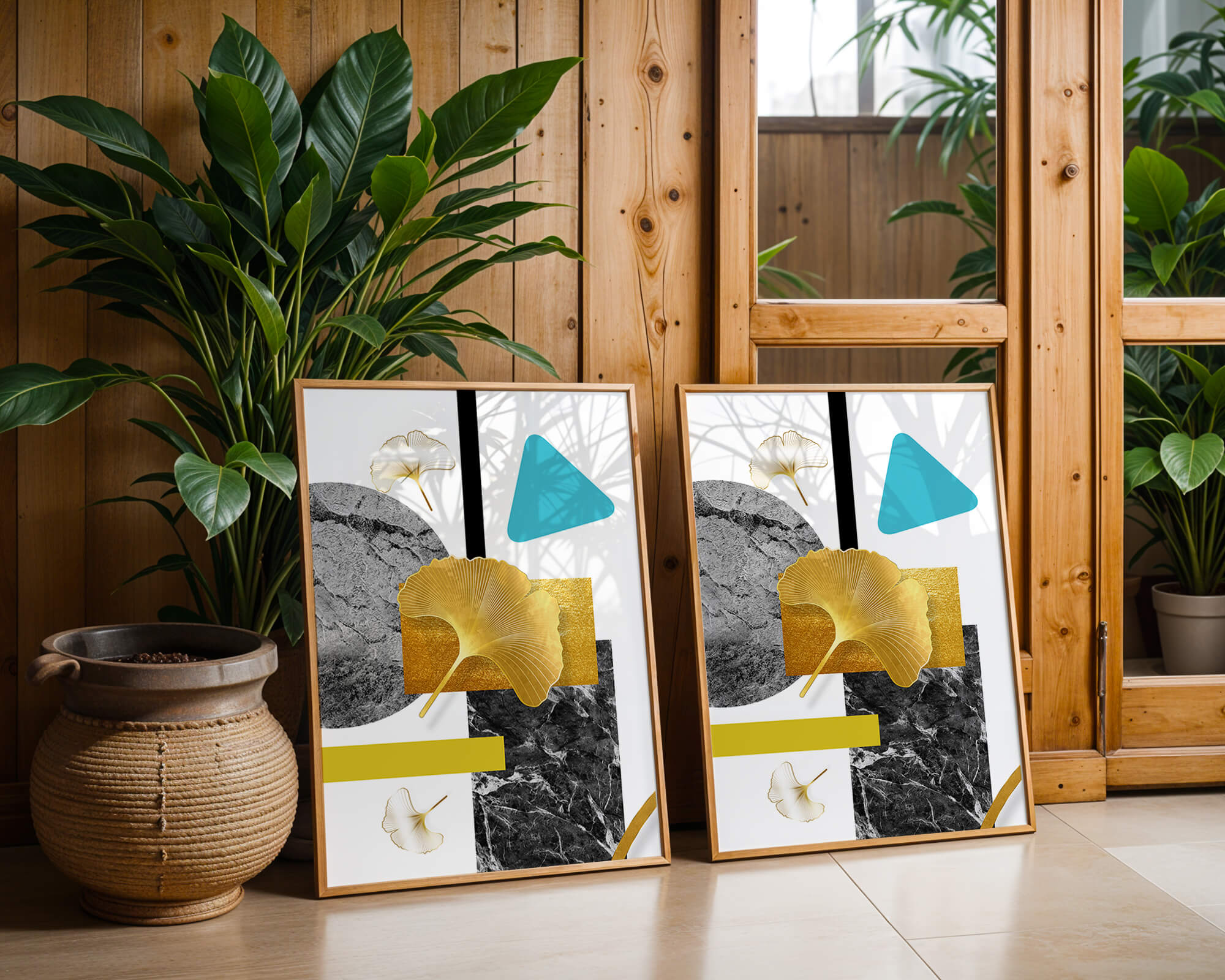 Geometric Abstract Composition with Gold Ginkgo Leaves