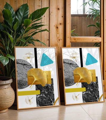 Geometric Abstract Composition with Gold Ginkgo Leaves