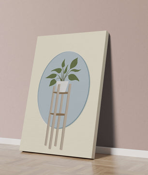 Illustration botanique moderne d'une plante en pot sur un support en bois