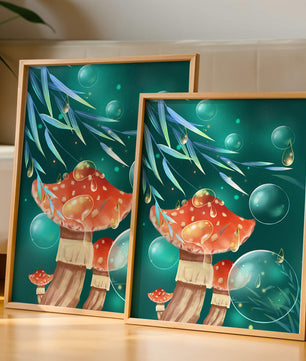 Whimsical forest scene with mushrooms and glowing bubbles