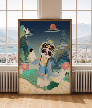 Charmanter Panda in traditioneller Tracht inmitten malerischer Berge und Kraniche