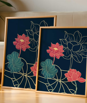 Vibrant Lotus Flowers on Dark Background with Gold Outline
