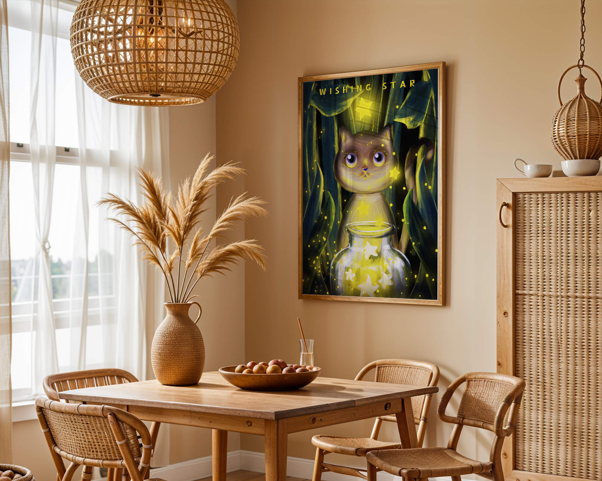Cat under starry night in a magical forest setting