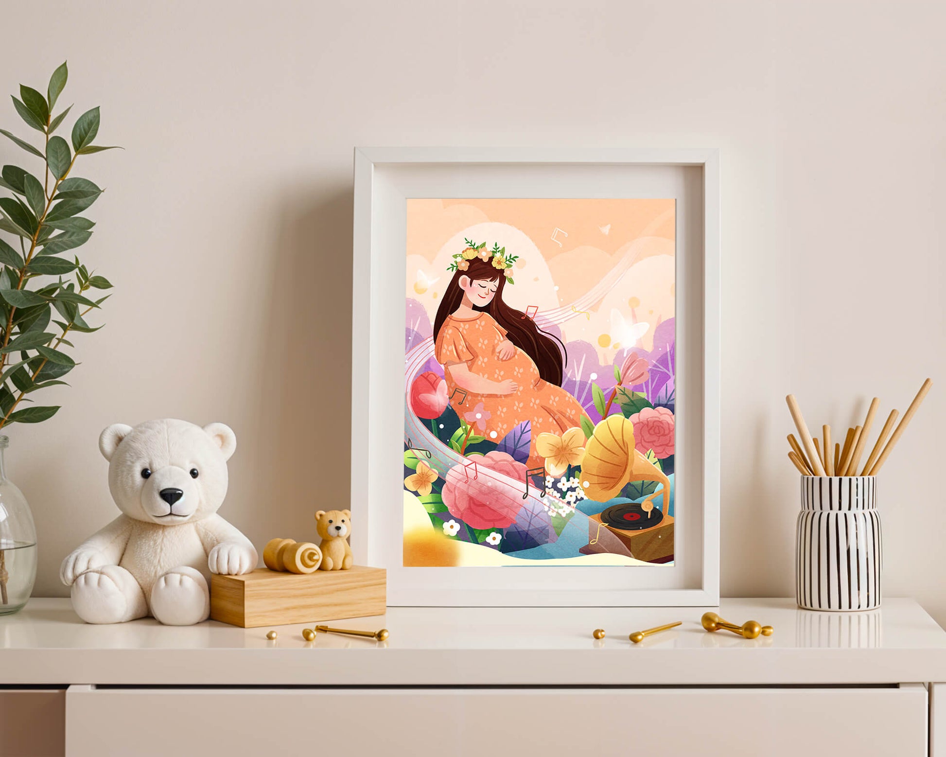 Woman in nature with flowers and musical notes