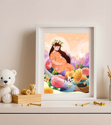 Woman in nature with flowers and musical notes