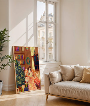 Cozy Christmas scene with tree, gifts, and a child by the window