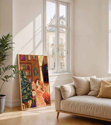 Cozy Christmas scene with tree, gifts, and a child by the window