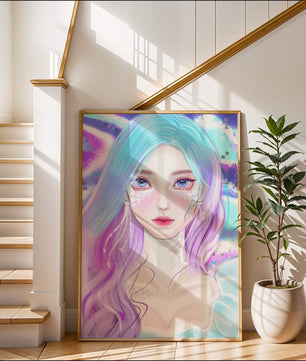 Fantasy portrait of a woman with pastel hair and vibrant features