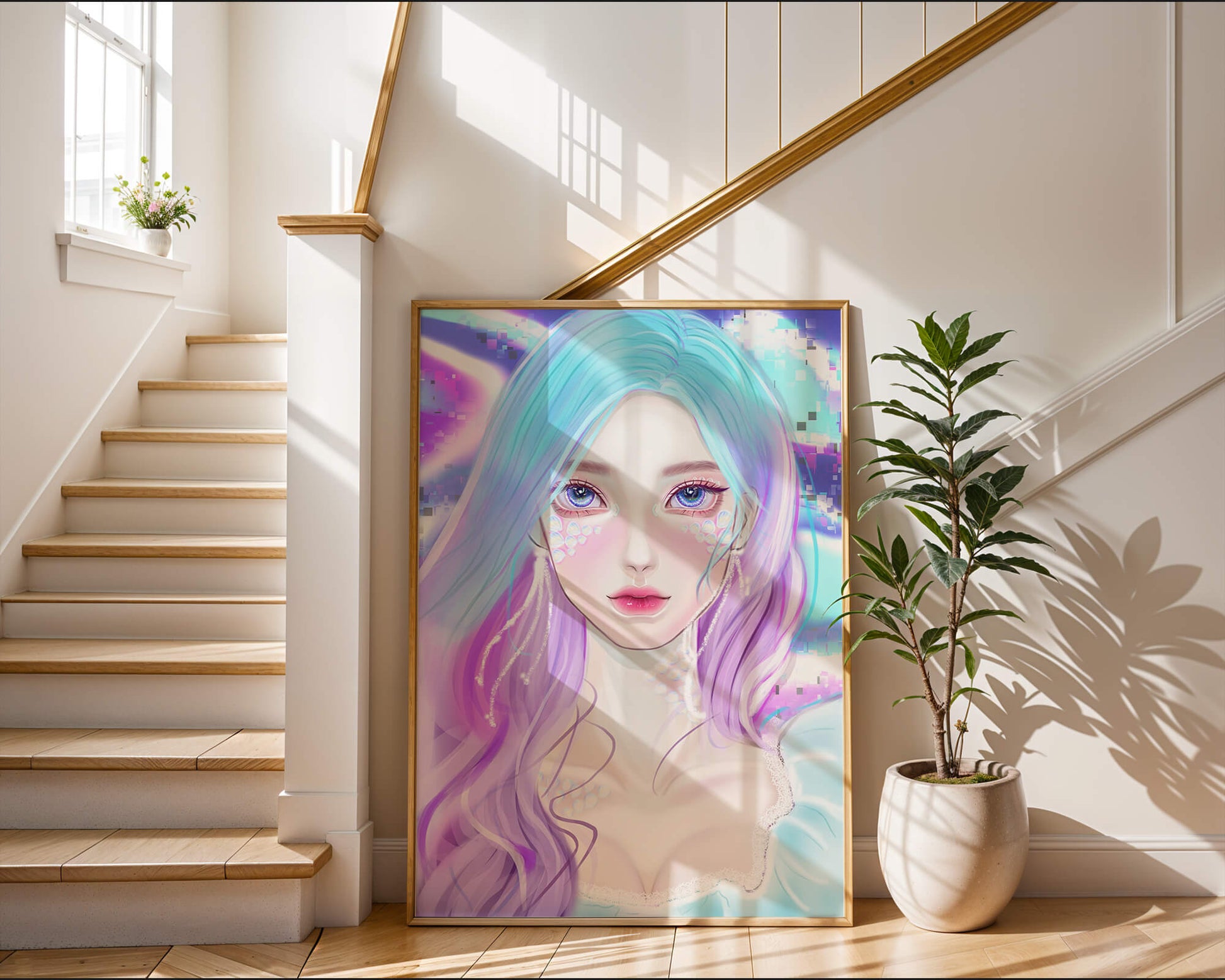 Fantasy portrait of a woman with pastel hair and vibrant features