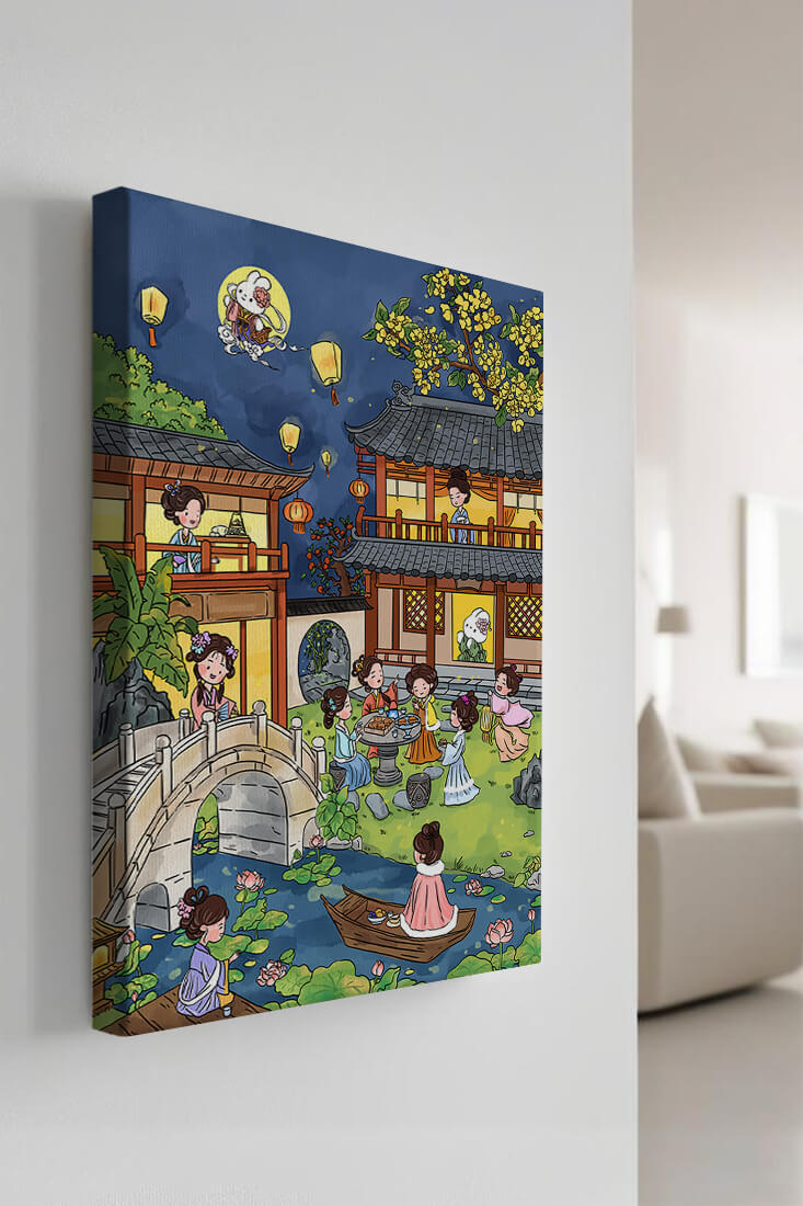 Escena de jardín chino tradicional con linternas y conejo lunar