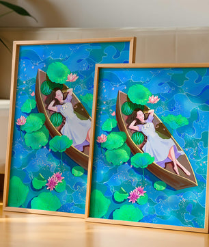 Serene illustration of a girl relaxing in a boat surrounded by lotus leaves and flowers