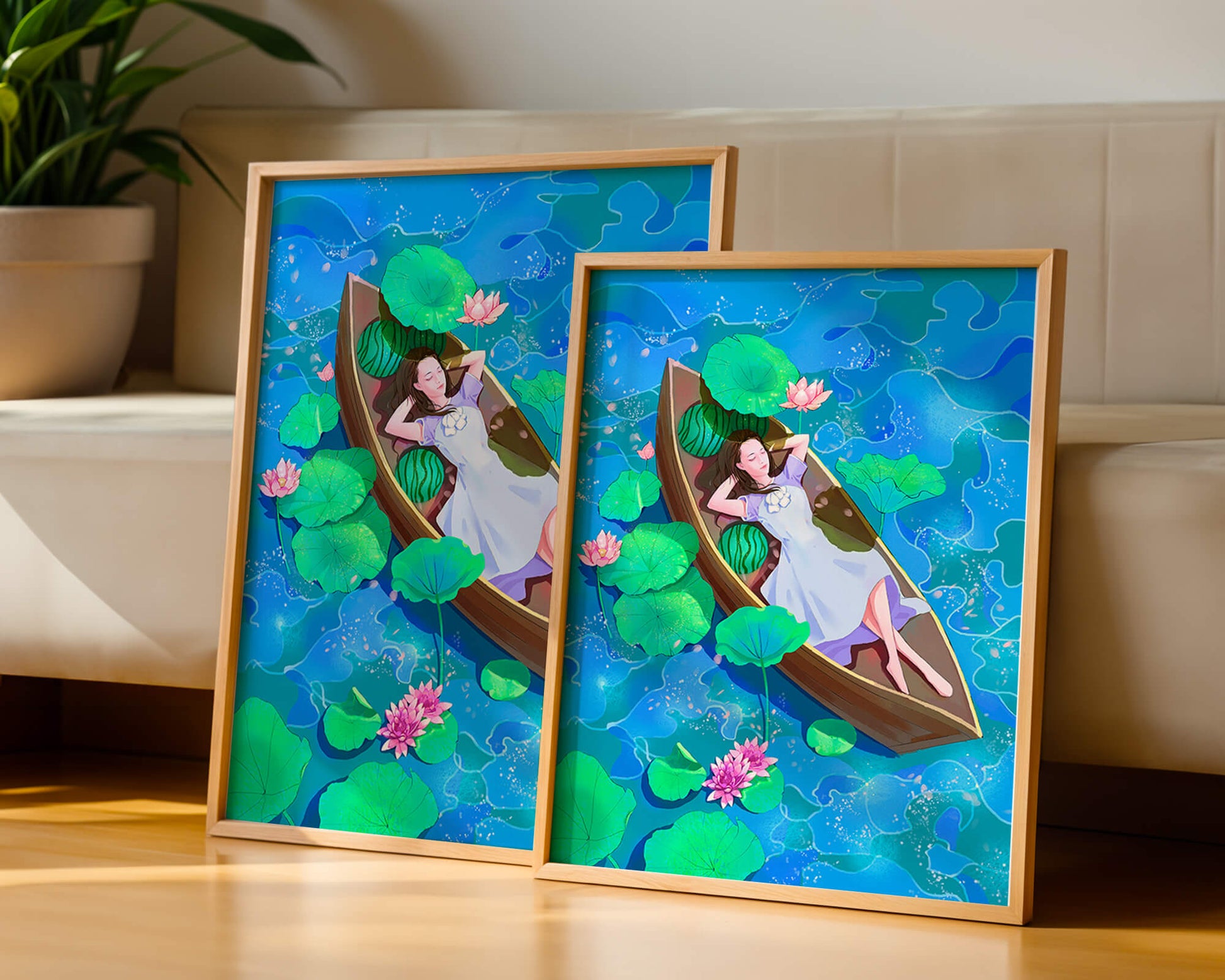 Serene illustration of a girl relaxing in a boat surrounded by lotus leaves and flowers