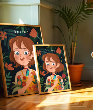 Ilustración primaveral encantadora con flores y mariposa
