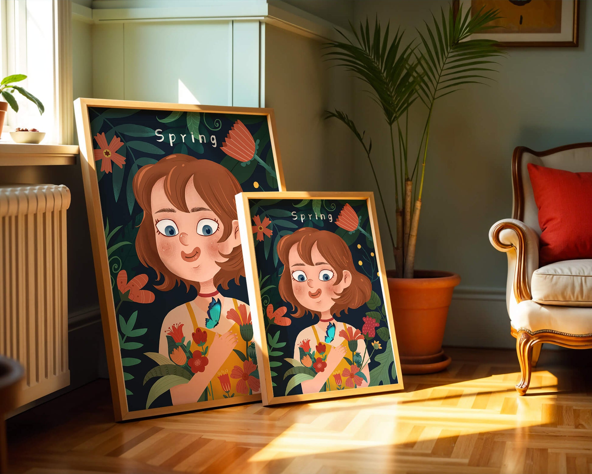 Ilustración primaveral encantadora con flores y mariposa