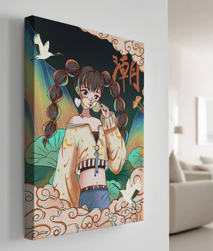 Anime girl with glasses surrounded by nature and cranes