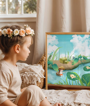 Ruhige Illustration eines Kindes, das an einem Teich mit Seerosen angelt