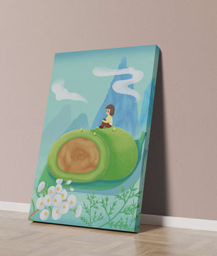 Serene Landscape with Child Sitting on Giant Leaf in Mountainous Fantasy Setting
