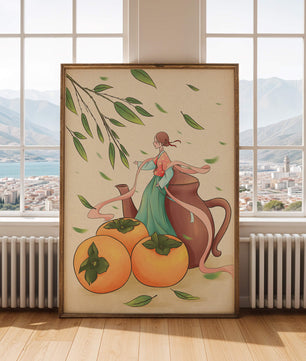 Whimsical scene with a woman in traditional attire among persimmons and leaves