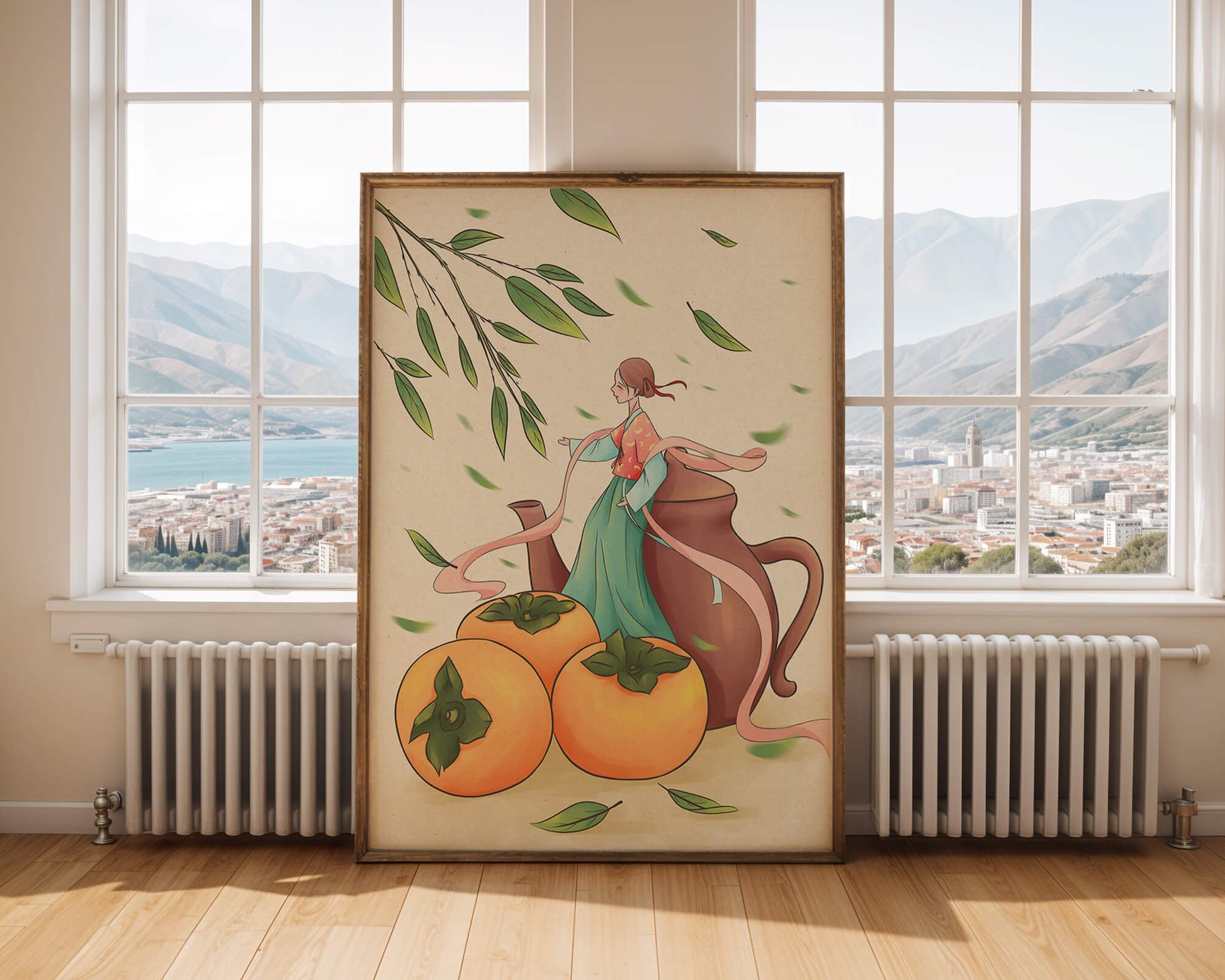 Whimsical scene with a woman in traditional attire among persimmons and leaves