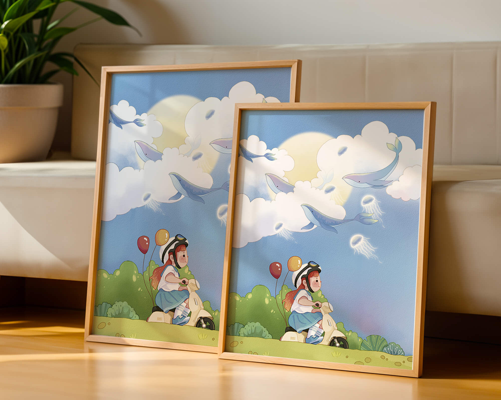 Whimsical illustration of a child riding a scooter with floating whales and balloons