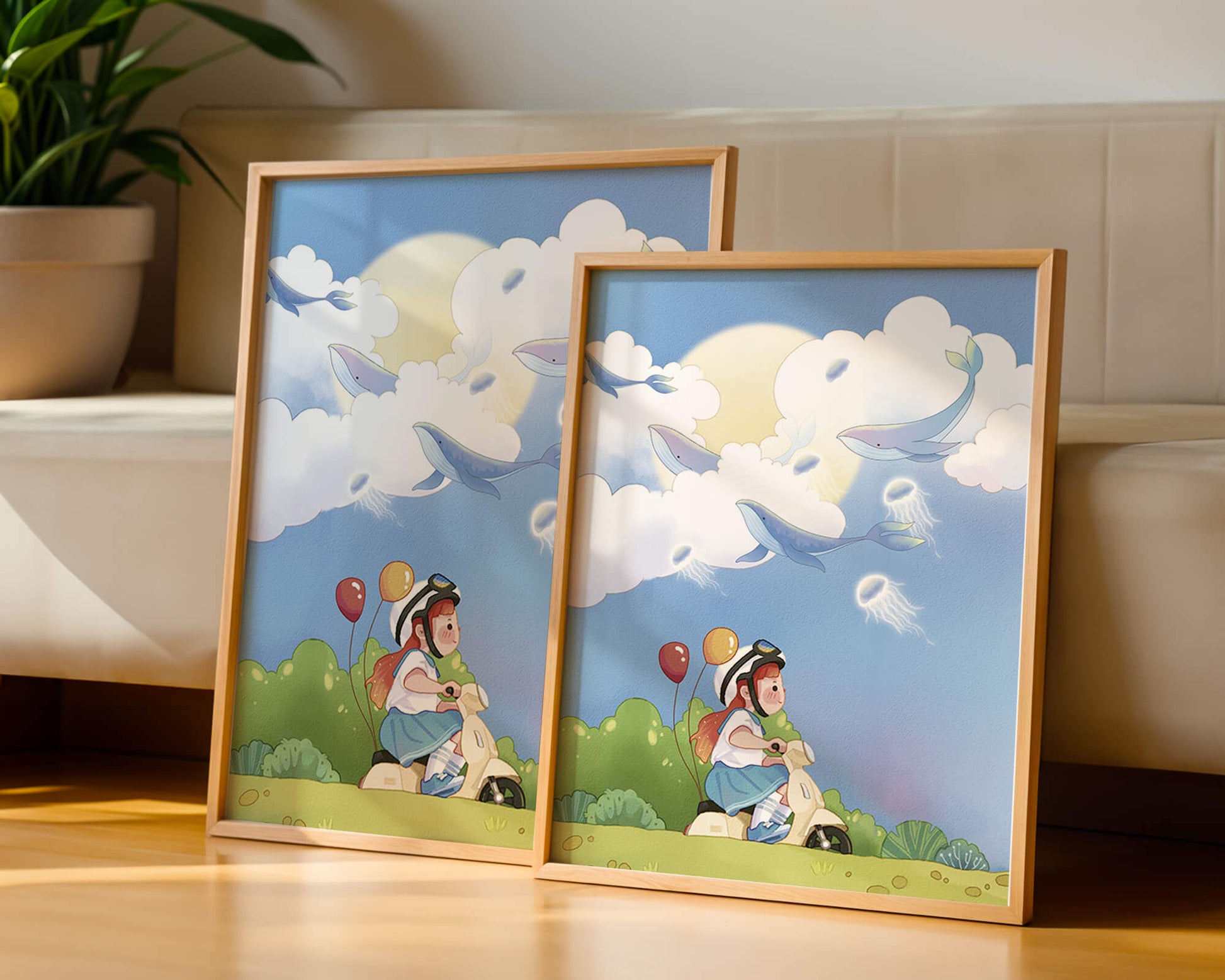 Whimsical illustration of a child riding a scooter with floating whales and balloons