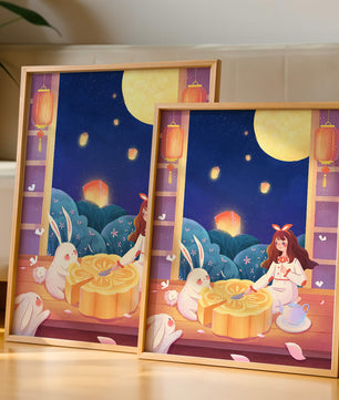 Moonlit Night with Lanterns and Tea Ceremony Featuring Rabbits and Mooncakes