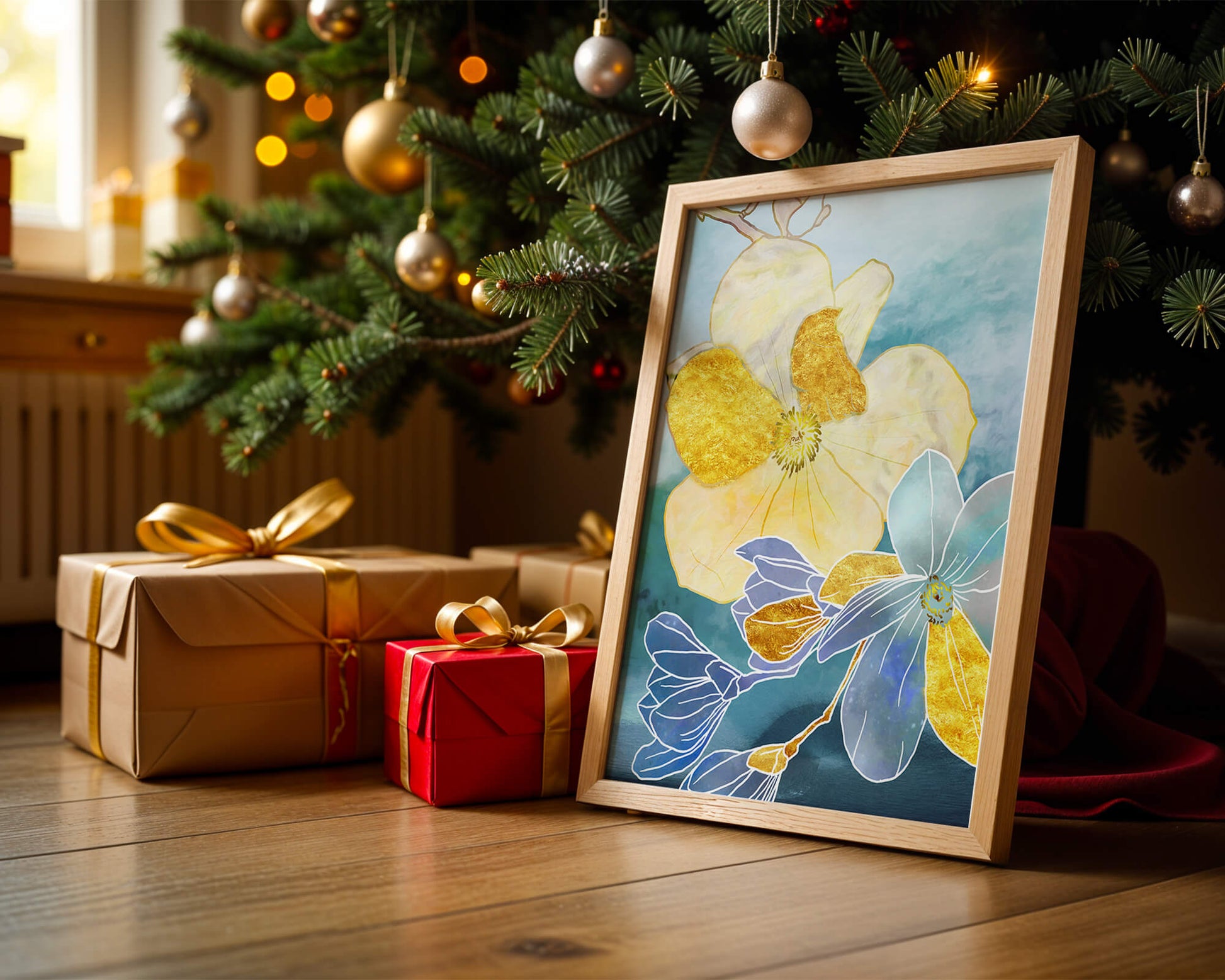 Arte floral abstracto con detalles dorados y tonos azules