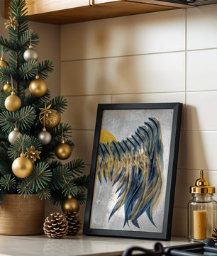 Abstract Composition with Blue and Gold Accents on Textured Background