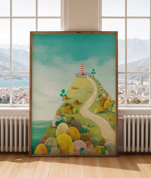 Charming lighthouse illustration on a scenic hilltop