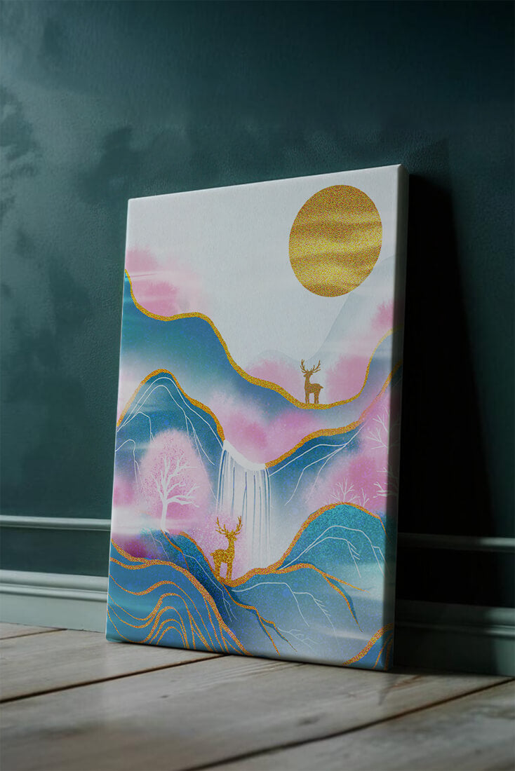 Golden deer in a pastel mountain landscape with pink skies