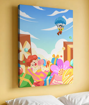 Colorful illustration with presents and children playing under a blue sky