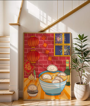 Festive Dumpling Illustration with Lanterns and Fireworks - Mi tienda