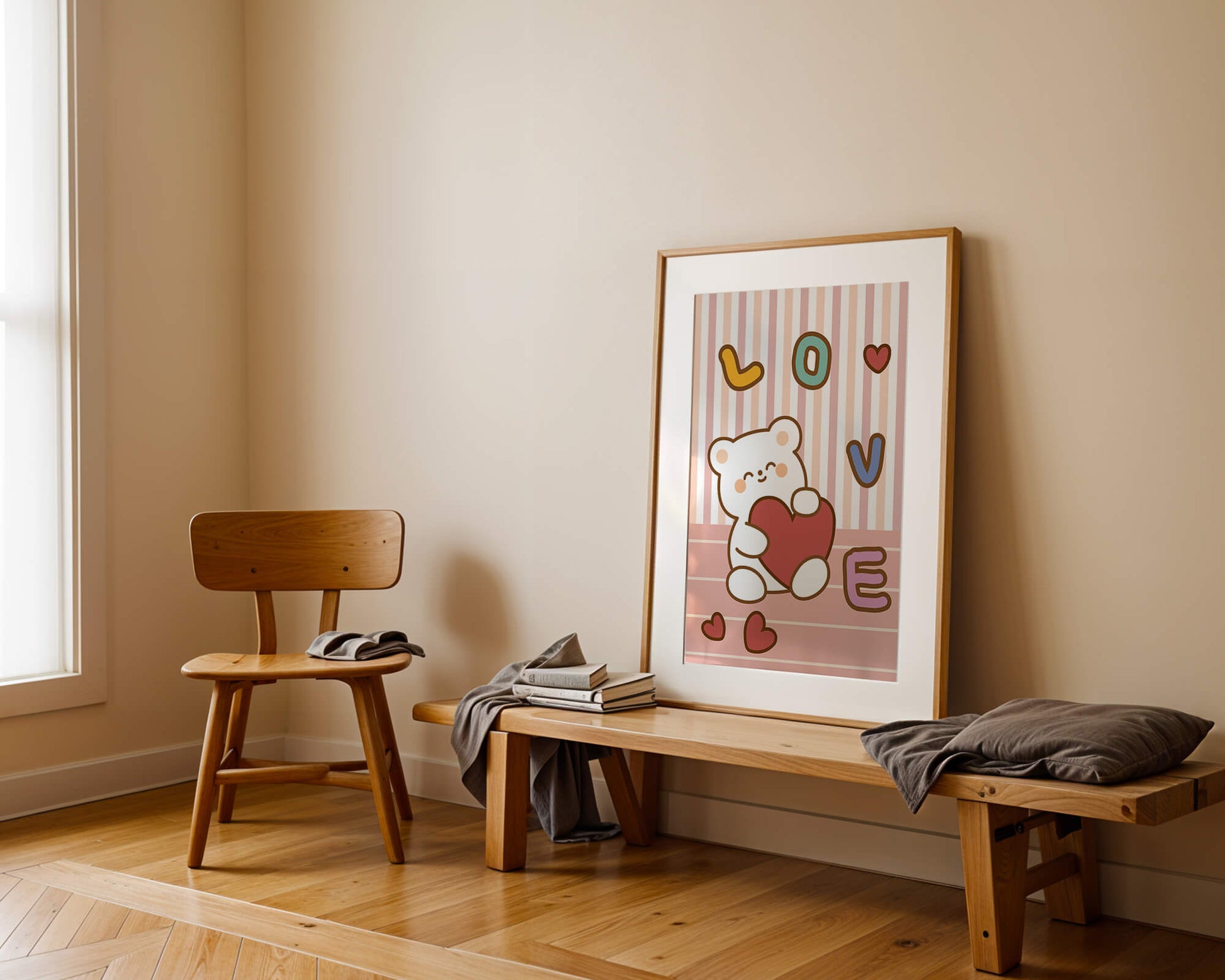 Adorable bear holding a heart in a playful love-themed illustration
