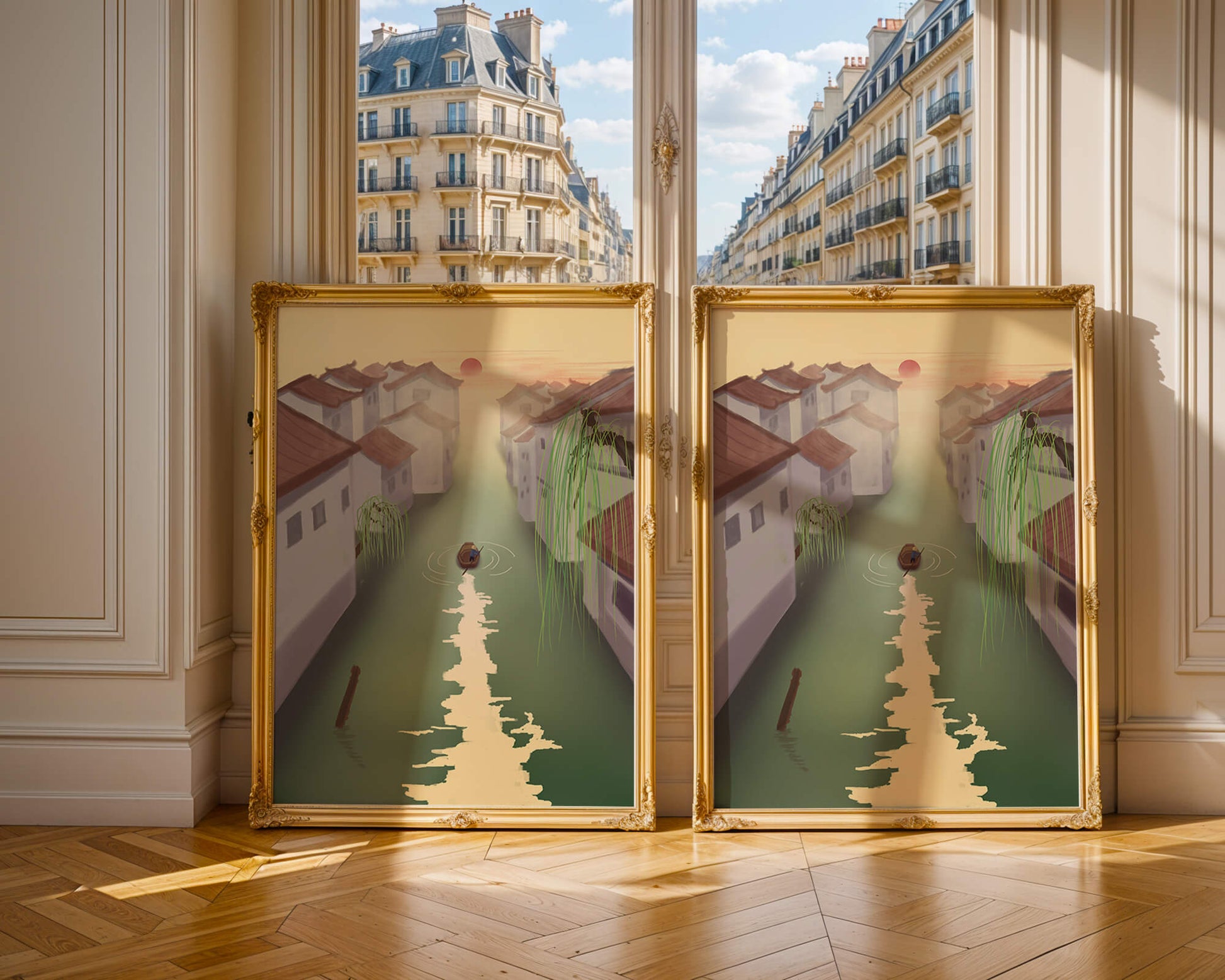 Tranquil river scene with traditional architecture and sunset