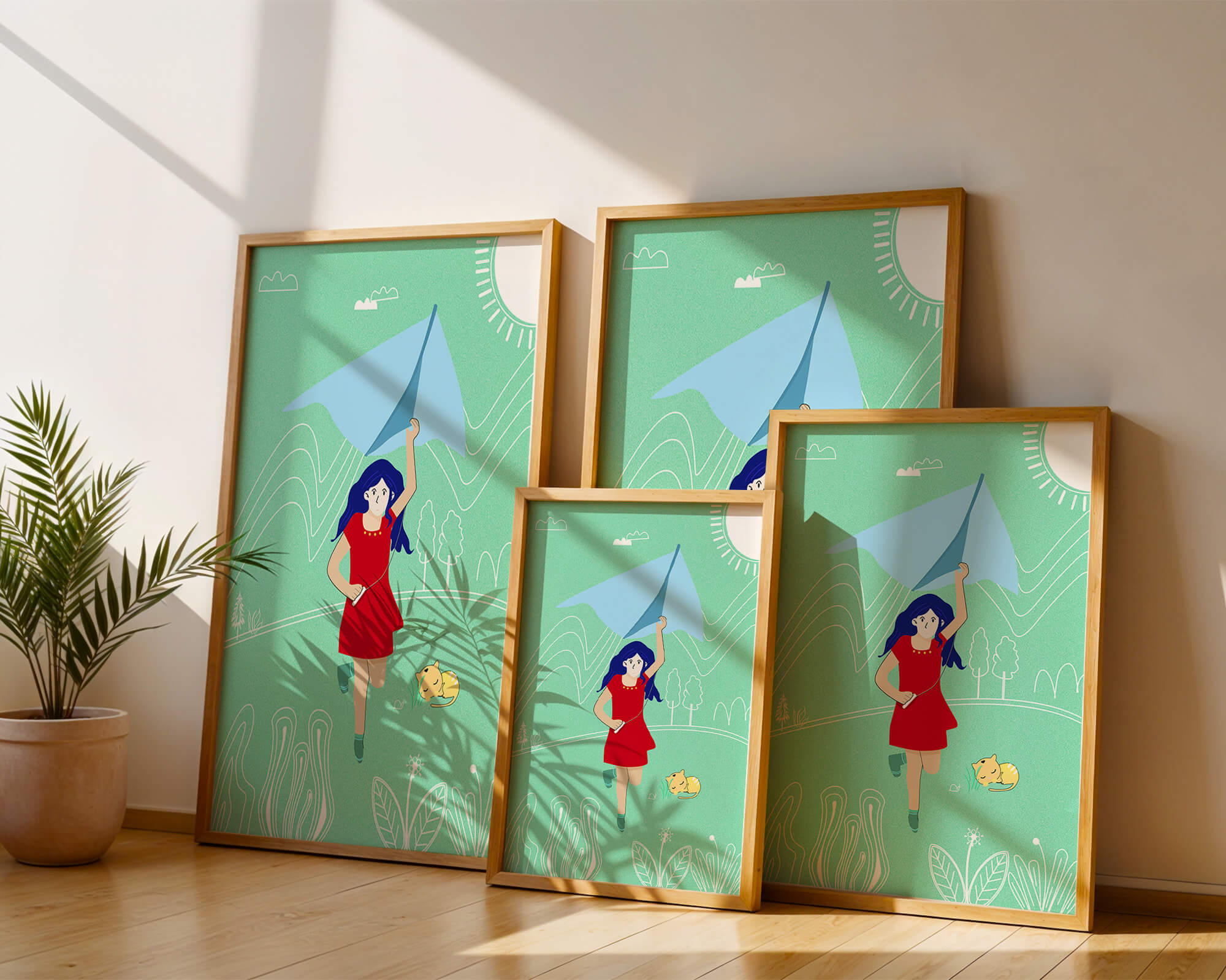 Illustration of a girl with a kite in a whimsical landscape