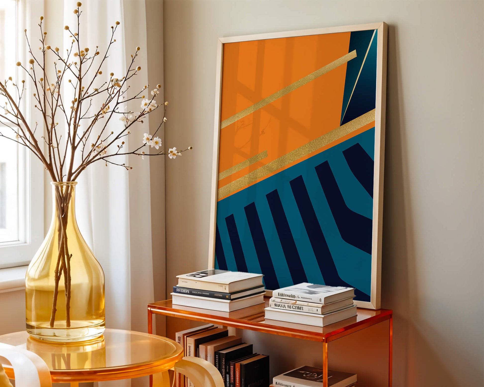 Moderne geometrische Abstraktion mit goldenen Elementen und kräftigen Farben 