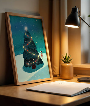 Winter scene with decorated Christmas tree and snowfall