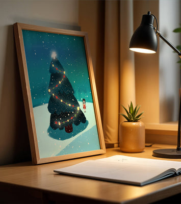Winter scene with decorated Christmas tree and snowfall