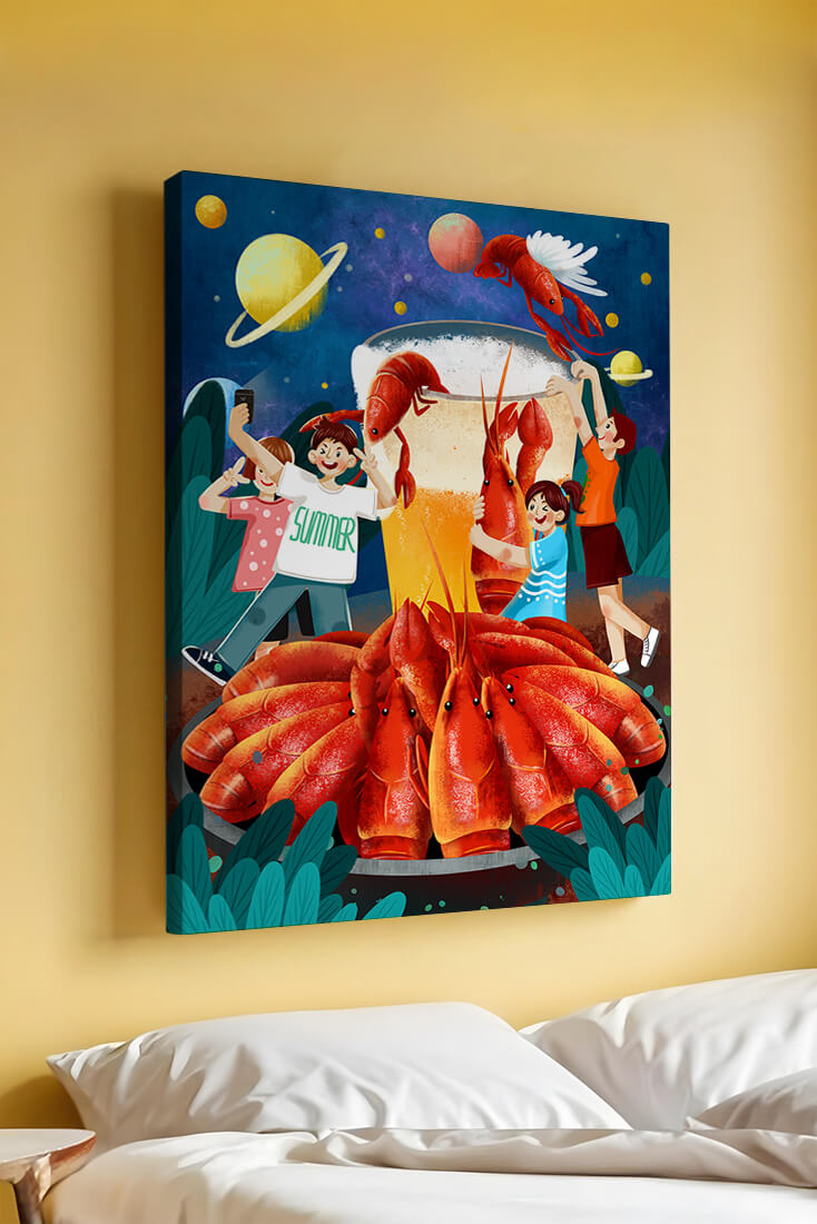 Fantasy illustration with cosmic lobsters and friends enjoying a summer feast